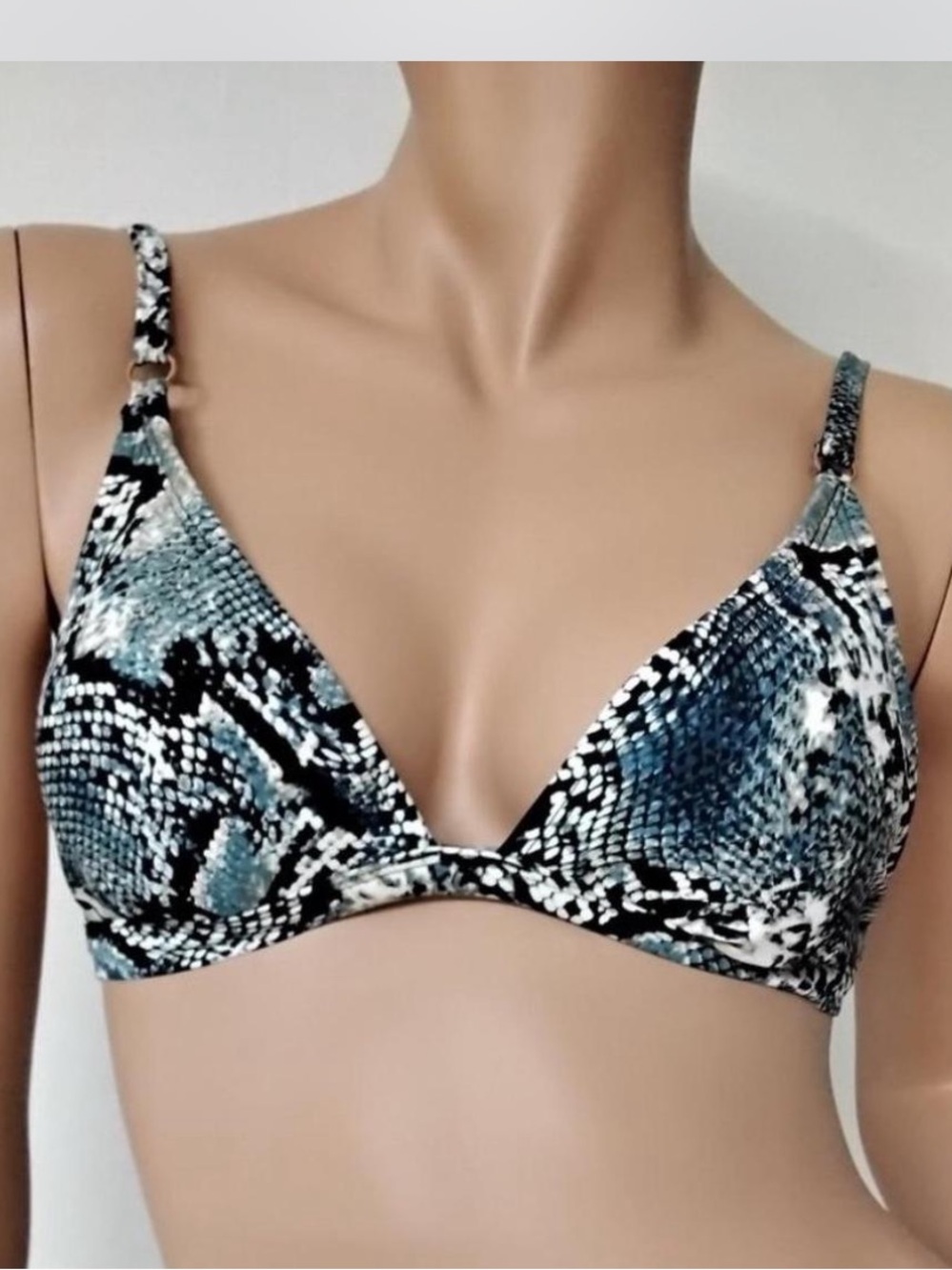 Snake Print Triangle Bikini Top - Teal, Black & White
